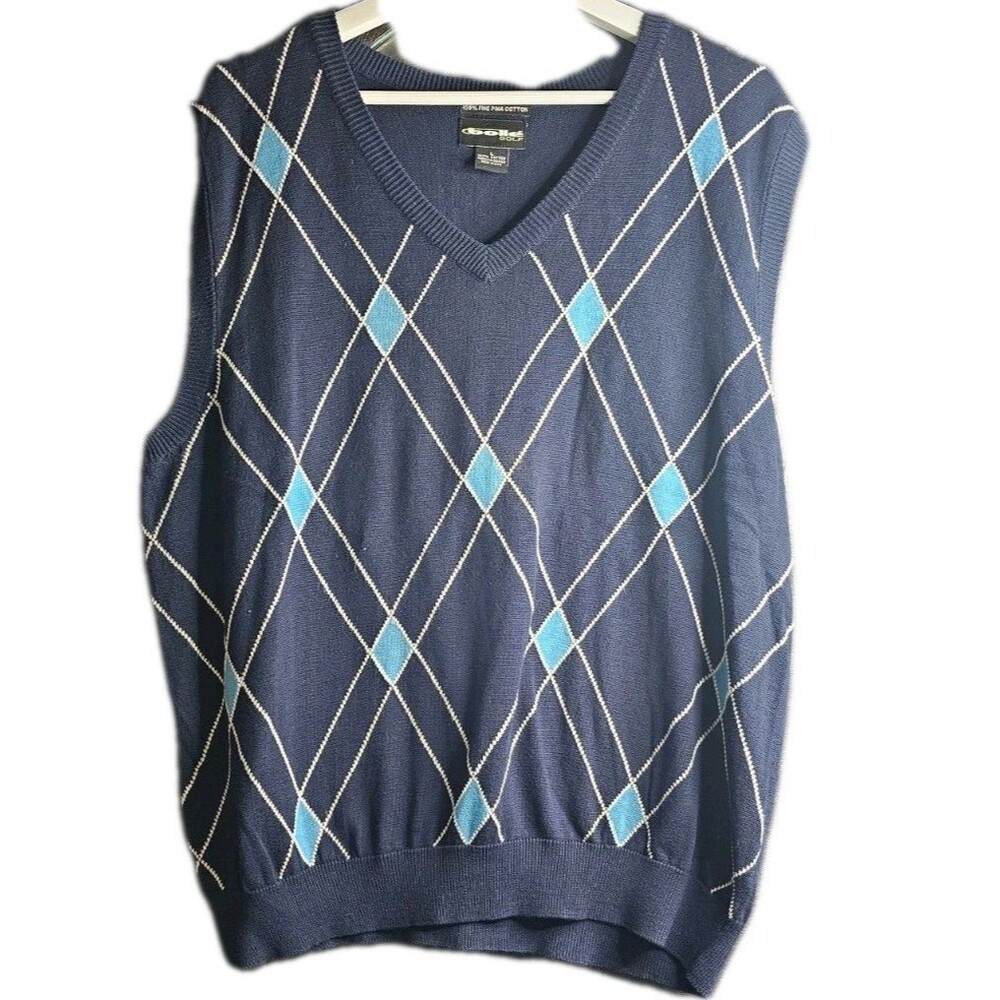 Bolle Golf Sweater Vest Mens Large Blue Argyle Pima Cotton V Neck Preppy